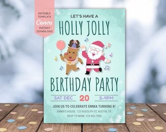 Holly Jolly Birthday Invitation | Christmas Birthday Party | Editable Kids Canva Template