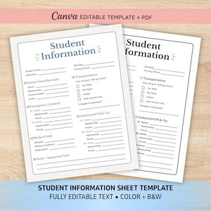 Editable Student Information Sheet Template for Teachers | Watercolor Back to School Form | Emergency Contact Canva Printable