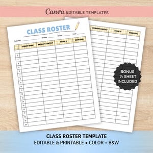 Puede incluir: Una plantilla imprimible de lista de clase con un encabezado azul claro con el texto CLASS ROSTER y un icono de lápiz amarillo. El documento incluye columnas para el nombre del estudiante, contacto principal, teléfono y salida, más media hoja extra.