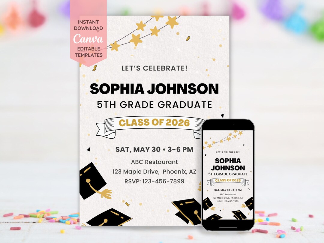Grade R Invitation Card 5th Grade Graduation Party Invitation Template | Editable Canva ...