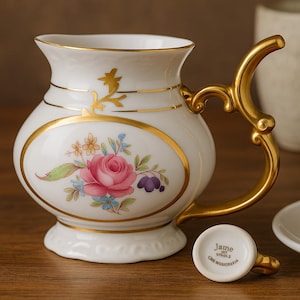 Vintage Czech Spa Drinking Cup – Jame Vinorž Porcelain with Floral Gold Trim – Czechoslovakia Karlovy Vary Souvenir