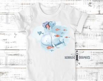Whale & Fish Valentines, abstract surreal watercolor design, gender neutral infant baby bodysuit onesies