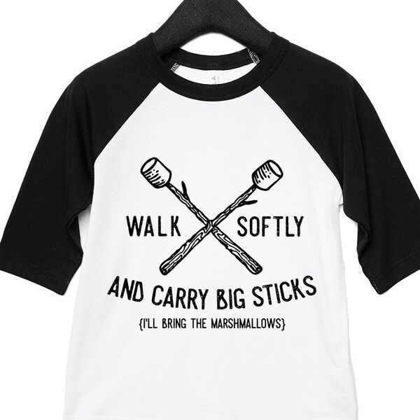 Walk Softly and Carry a Big Marshmallow Stick Youth Toddler Unisex 3/4 Sleeve Raglan Baseball Tshirt