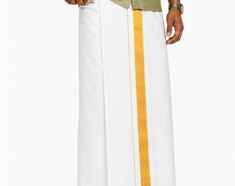 Katoenen dhoti voor heren met zak, gouden zari-rand, Lungi . klittenband