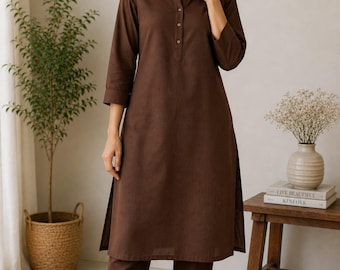 Women's Cotton Kurta Pant Set, Minimalist Ethnic Co-ord, Mandarin Collar, 3/4 Sleeves