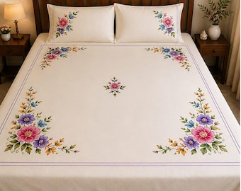 Hand Painted Floral Cotton Bedsheet Set – Cream, Includes 2 Pillowcases