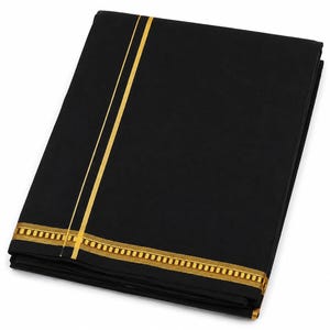 Dhoti Lungi Masculino Preto de Algodão | Sarong com Borda Dourada em Zari, Traje do Sul da Índia