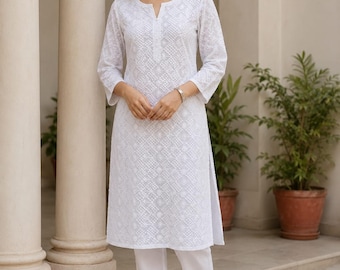 Women's White Chikankari Kurta Pajama Set: Hand Embroidered Cotton Ethnic Wear