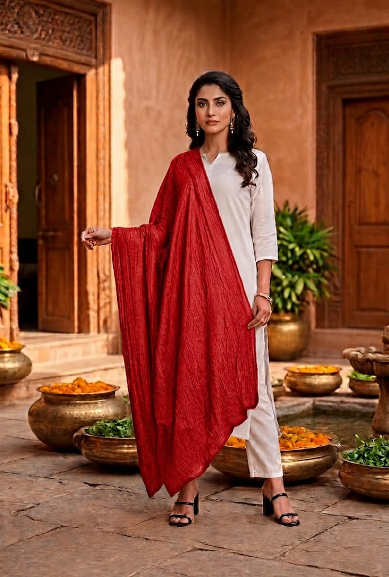 May include: A woman wearing a white outfit with a vibrant red shawl. The shawl is draped over the shoulders and has a textured appearance. The outfit is paired with black heels. The background features a courtyard with decorative pots.