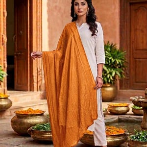 May include: A woman wearing a white outfit with an orange shawl. The shawl is draped over the shoulders and arms. The background features a courtyard with decorative pots and plants.