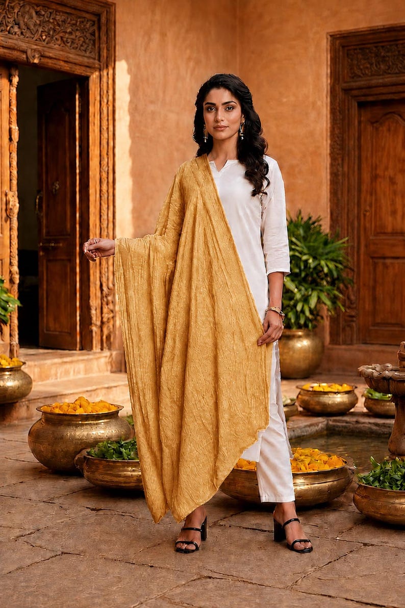 May include: A woman wearing a white outfit with a mustard-colored shawl. The outfit includes a long-sleeved top and pants. The shawl is draped over the shoulders. The background features a courtyard with bronze pots and wooden doors.
