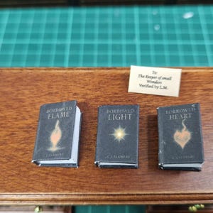 Puede incluir: Pequeños libros en miniatura titulados "Borrowed Flame", "Borrowed Light" y "Borrowed Heart" con ilustraciones en las portadas. Los libros están sobre una superficie de madera, con una pequeña tarjeta.