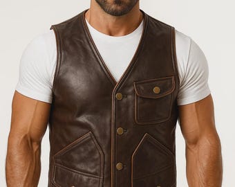 Chaleco de motociclista vintage marrón para hombre / Chaqueta de motociclista de cuero auténtico y sintético / Disfraz de cosplay estilo bombardero retro hecho a mano, regalo para él