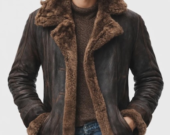 Abrigo de piel de oveja para hombre / Chaqueta vintage de piel de oveja marrón / Prenda de abrigo de invierno / Prenda de abrigo rústica hecha a mano