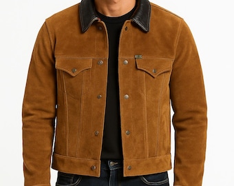 Chaqueta motera estilo camionero Lonestar de ante marrón para hombre, estilo western (todas las tallas disponibles)