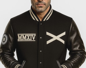 Chaqueta bomber XO inspirada en The Weeknd / Lana negra con estampado de letras / Mangas de cuero / Regalo de ropa urbana de hip hop