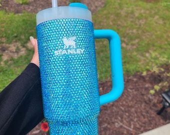 Custom Aqua Blue Bling Stanley Tumbler Glass Rhinestones Tumbler