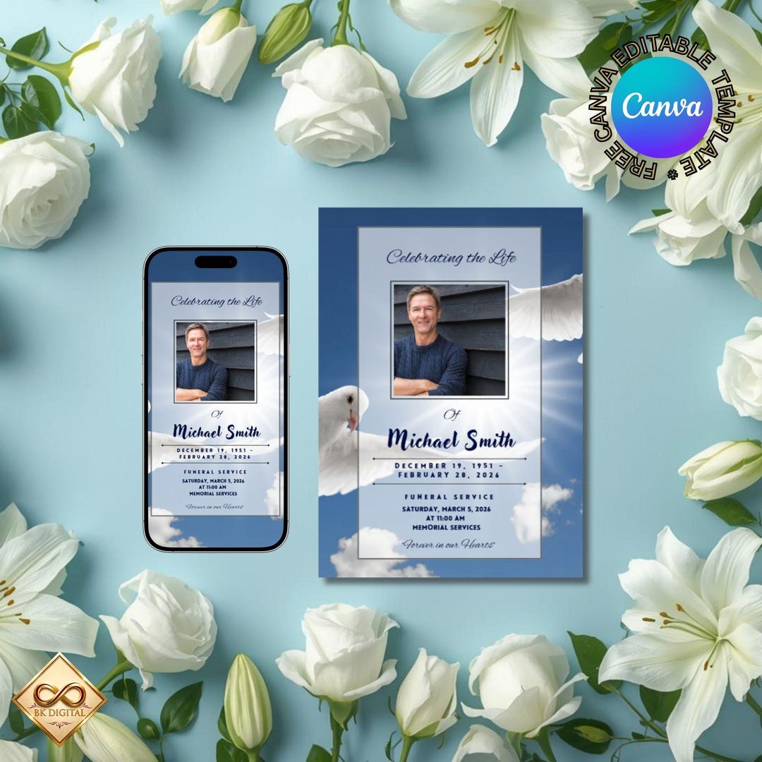 Canva Editable Funeral Announcement Template | Sky Blue Memorial Card ...