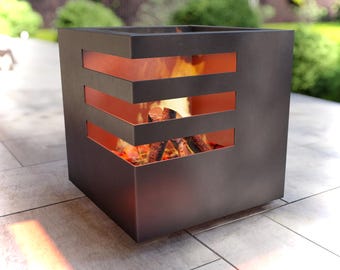 Modern Steel "Glow Cube" Fire Pit: Wood-Burning or Gas - Made in USA