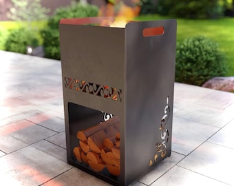 Modern Steel "Log & Flame" Fire Pit: Wood-Burning or Gas - Made in USA