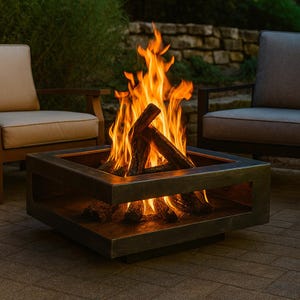 Premium Steel Modern Fire Pit - Fully Built  | Wood-burning or Gas Option | Unique Outdoor Fireplace | Custom Sizes Available | Made in USA
