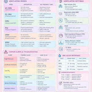 May include: A Ventilator Cheat Sheet educational chart featuring sections on ventilator modes, settings, common alarms, troubleshooting, ABG reference, and interpretation basics. The document uses a light pink background with icons.