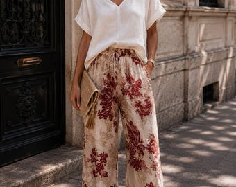 Boho Palazzo Hose Damen Weite Sommerhose Blumenmuster Beige Bordeaux High Waist Luftige Hose Strandhose Festivalhose Urlaub Look