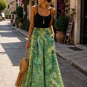 Boho Palazzohose Grün Patchwork Einheitsgröße 100% Art Silk Sommerhose Weite Damenhose