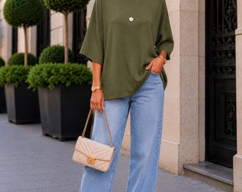 Top holgado color caqui para mujer, talla única (38-42).