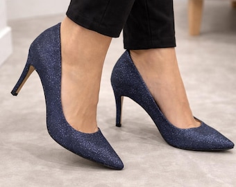 Tamaris Glitter Pumps Navy Blue High Heels Elegant Evening Shoes Women Sparkle Heels Party Wedding Shoes Size 36 40