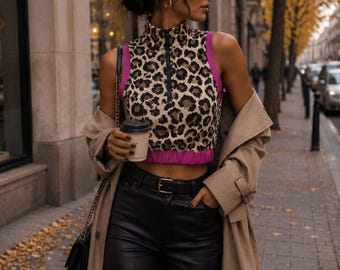 Leo Crop Top Women's Pink Animal Print Stand-Up Collar Sleeveless One Size 36-38 Made in Italy