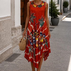 batik a line dress Stand Collar Navy Blue A-line Daytime Casual Cotton Paneled Floral Midi Dress