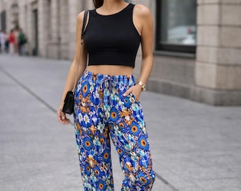 Boho Summer Pants Women Loose Beach Pants Bohemian Trousers Lightweight Holiday Pants Casual Wide Leg Summer Pants Resort Wear