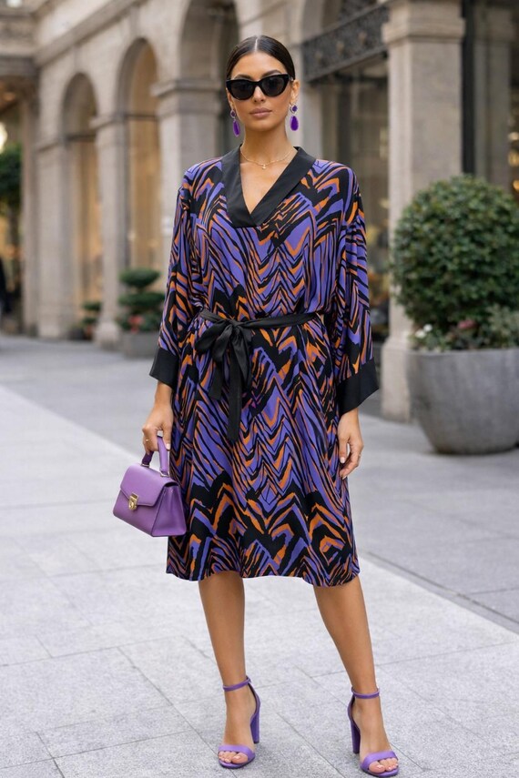 Patterned Women's Dress With Tie Belt, V-neck, Purple, Orange, Black. Elegant Casual and Business Dress