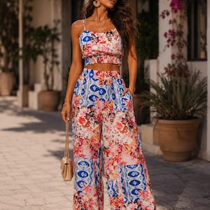 Könnte beinhalten: Ein zweiteiliges Set bestehend aus einem bauchfreien Camisole-Top mit dünnen Trägern und einer passenden Hose mit weitem Bein. Der Stoff zeigt ein lebhaftes Patchwork-Muster aus blau-weißen geometrischen Kachelmotiven und bunten Blumenprints.