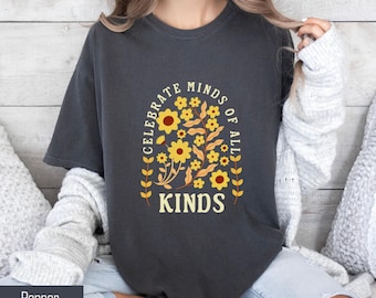 Camiseta Comfort Colors® Celebrate Minds, camiseta de saúde mental, presente para professores, presente para conselheiros escolares, presente para psicólogos escolares, presente da BCBA