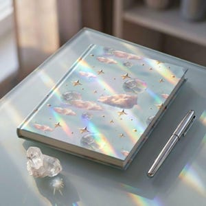Puede incluir: Un cuaderno de tapa dura con un diseño temático de cielo, con nubes, estrellas y burbujas iridiscentes. Un bolígrafo plateado descansa junto al cuaderno sobre una superficie de vidrio. También hay un cristal transparente.