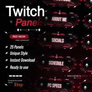 Twitch Panels RED NEON Set (25pcs) - Ready to use | Unique Style | Instant Download