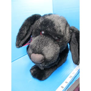 May include: A plush black Labrador Retriever dog with red eyes and a black nose. The dog has floppy ears and a plaid collar. The toy is on a blue surface.