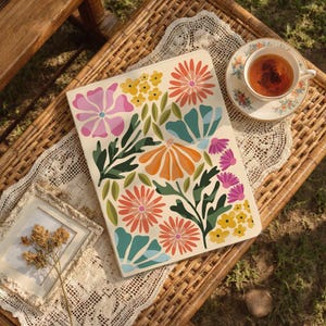 Può includere: Una custodia per laptop con motivo floreale, sfondo crema e fiori colorati in rosa, arancione, turchese e giallo. La custodia è su un tavolo di vimini, insieme a una tazza di tè e una cornice.