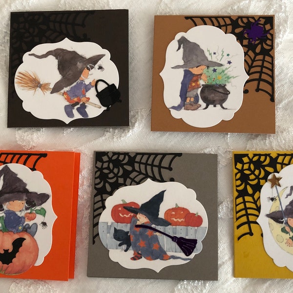 Halloween, Mini Cards, Note Cards, Lunch Box Notes, Gift Cards, 3" x 3", Envelope,  Handmade,  Set of 5 Different Cards