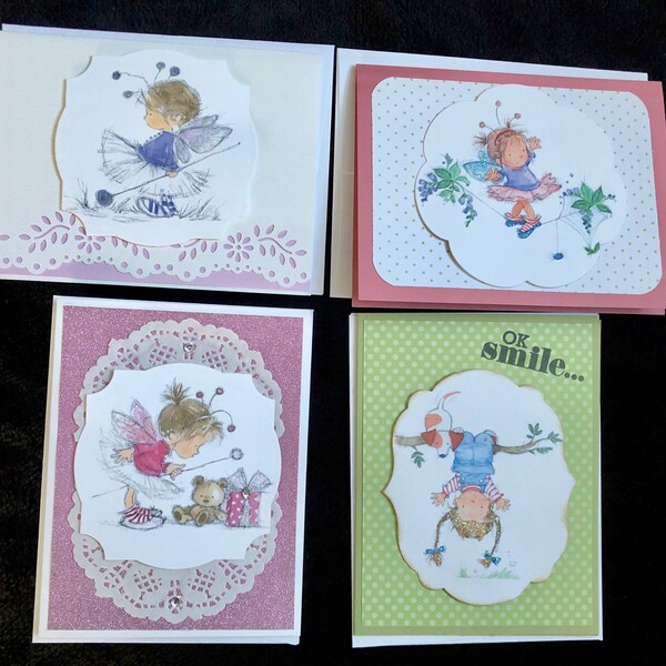 Set of Four Handmade Greeting Cards; Cute LOTV Kids, Birthday, Thinking of You, Any Occassion Cards, High Quality Card,  Blank Inside