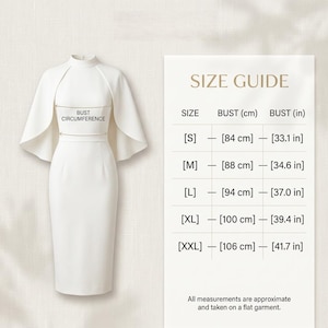 May include: A white midi dress with a high neckline and cape-style sleeves. A size guide chart is displayed to the right, listing bust measurements in centimeters and inches for sizes S through XXL, ranging from 84 cm (33.1 in) to 106 cm (41.7 in).