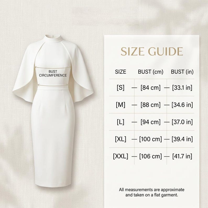 May include: A white midi dress with a high neckline and cape-style sleeves. A size guide chart is displayed to the right, listing bust measurements in centimeters and inches for sizes S through XXL, ranging from 84 cm (33.1 in) to 106 cm (41.7 in).