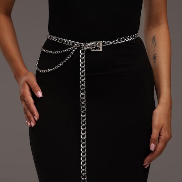 Cinturón de cadena de plata, Cinturón de cadena para mujer, Cadena de cintura de moda, Cinturón de cadena de metal, Cinturón de cadena para la cintura, Cinturón estilo punk, Cinturón de cadena para el cuerpo