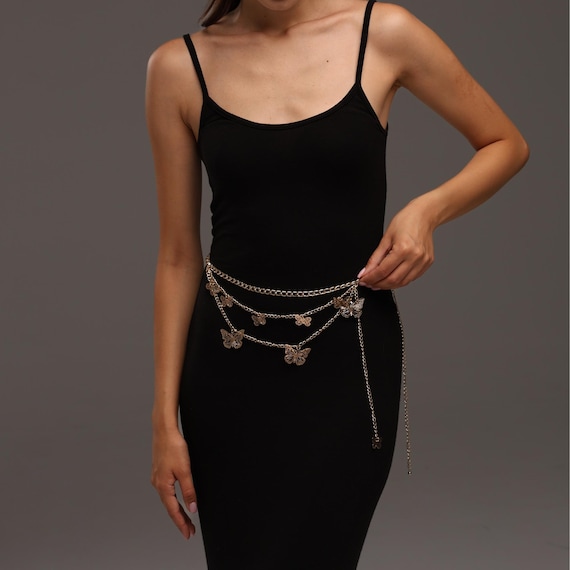 Gold Crystal Butterfly Buckle Layered Chain Belt Amazon.com: Amaxiu Butterfly Waist Chain Belt - Alloy  main image 2