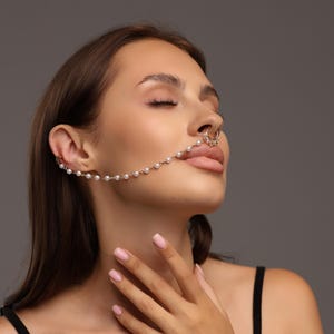 Pearl nose chain, Nose to ear cuff,Rave jewelry,Nose ring chain,Nose cuff no piercing,Nose to ear chain,Fake nose ring gold,Festival jewelry