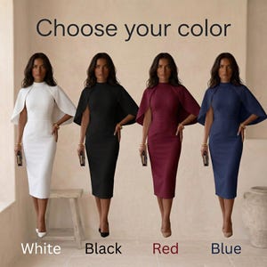 May include: Four midi-length dresses with cape-style sleeves and high necklines, displayed in white, black, red, and blue. The text "Choose your color" appears at the top, with color labels "White", "Black", "Red", and "Blue" at the bottom.