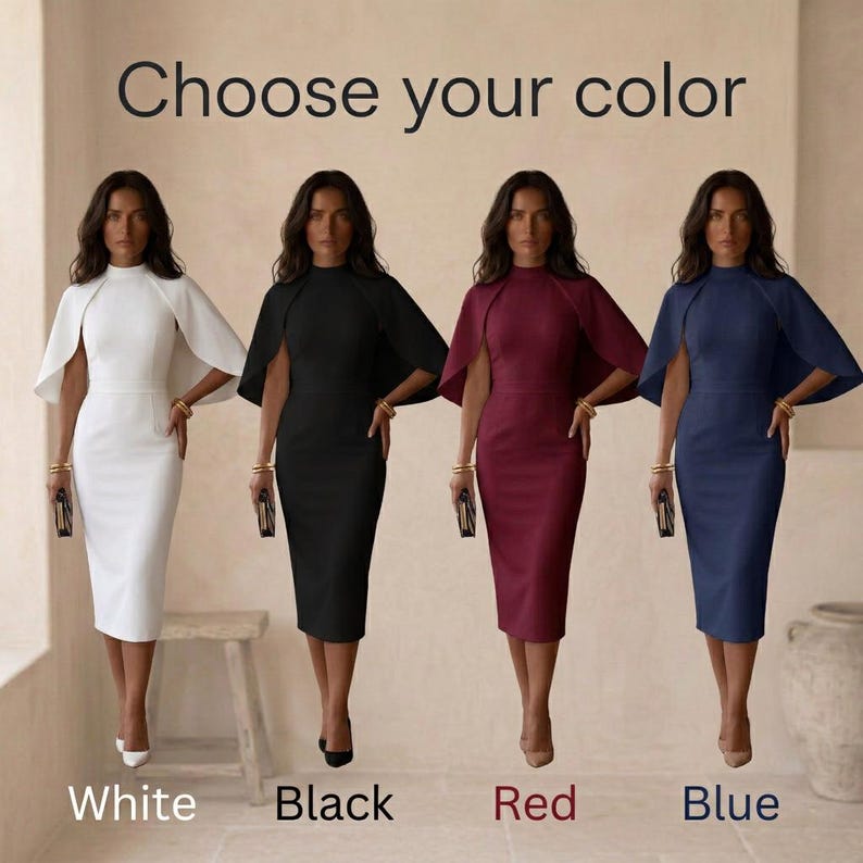 May include: Four midi-length dresses with cape-style sleeves and high necklines, displayed in white, black, red, and blue. The text "Choose your color" appears at the top, with color labels "White", "Black", "Red", and "Blue" at the bottom.