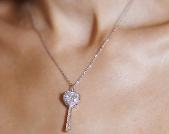 Key pendant necklace, Heart key necklace, Key to my heart necklace, Silver key necklace, Romantic key pendant, Dainty key necklace
